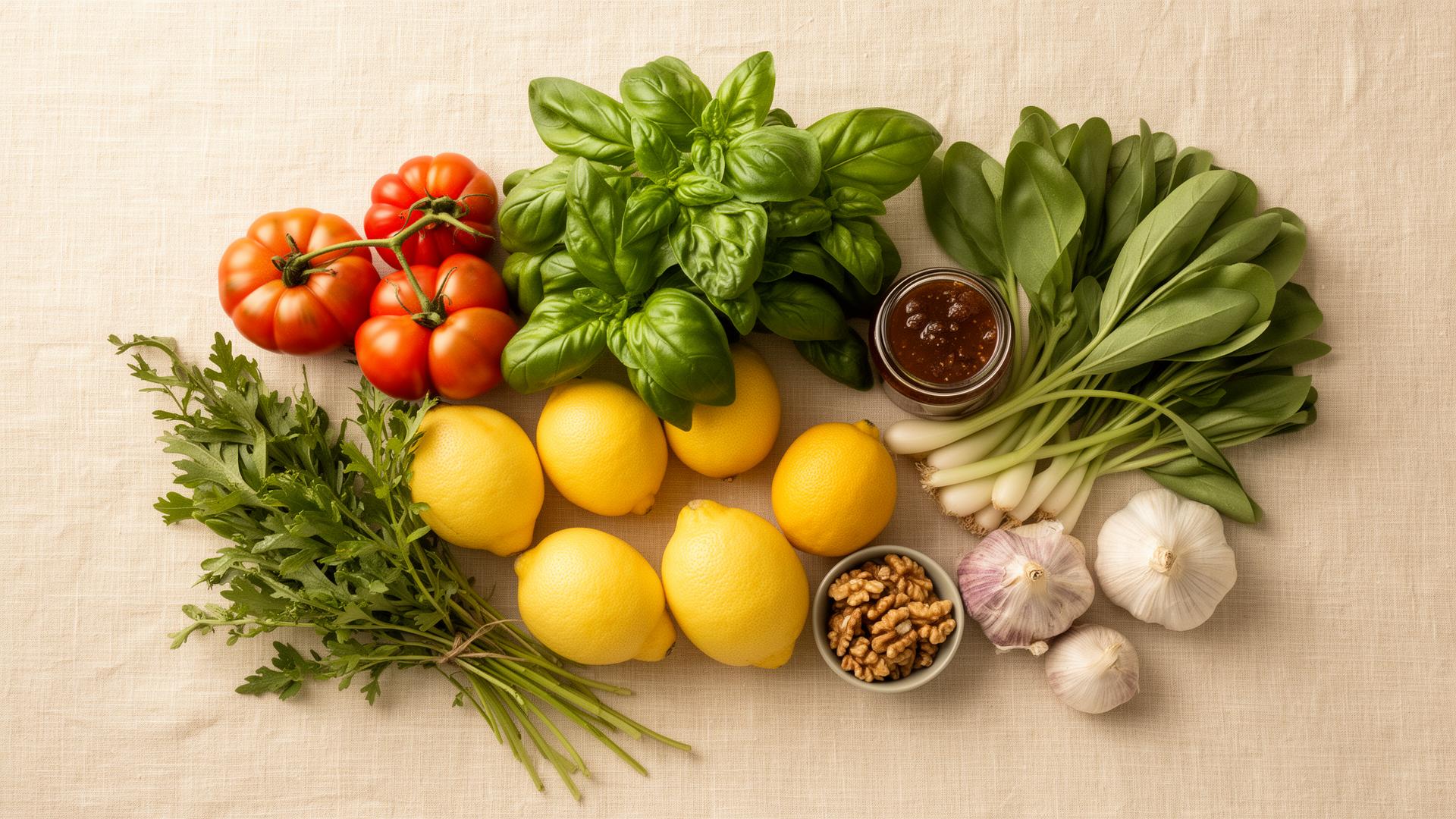Frutas y verduras frescas con frasco gourmet sobre lino crema